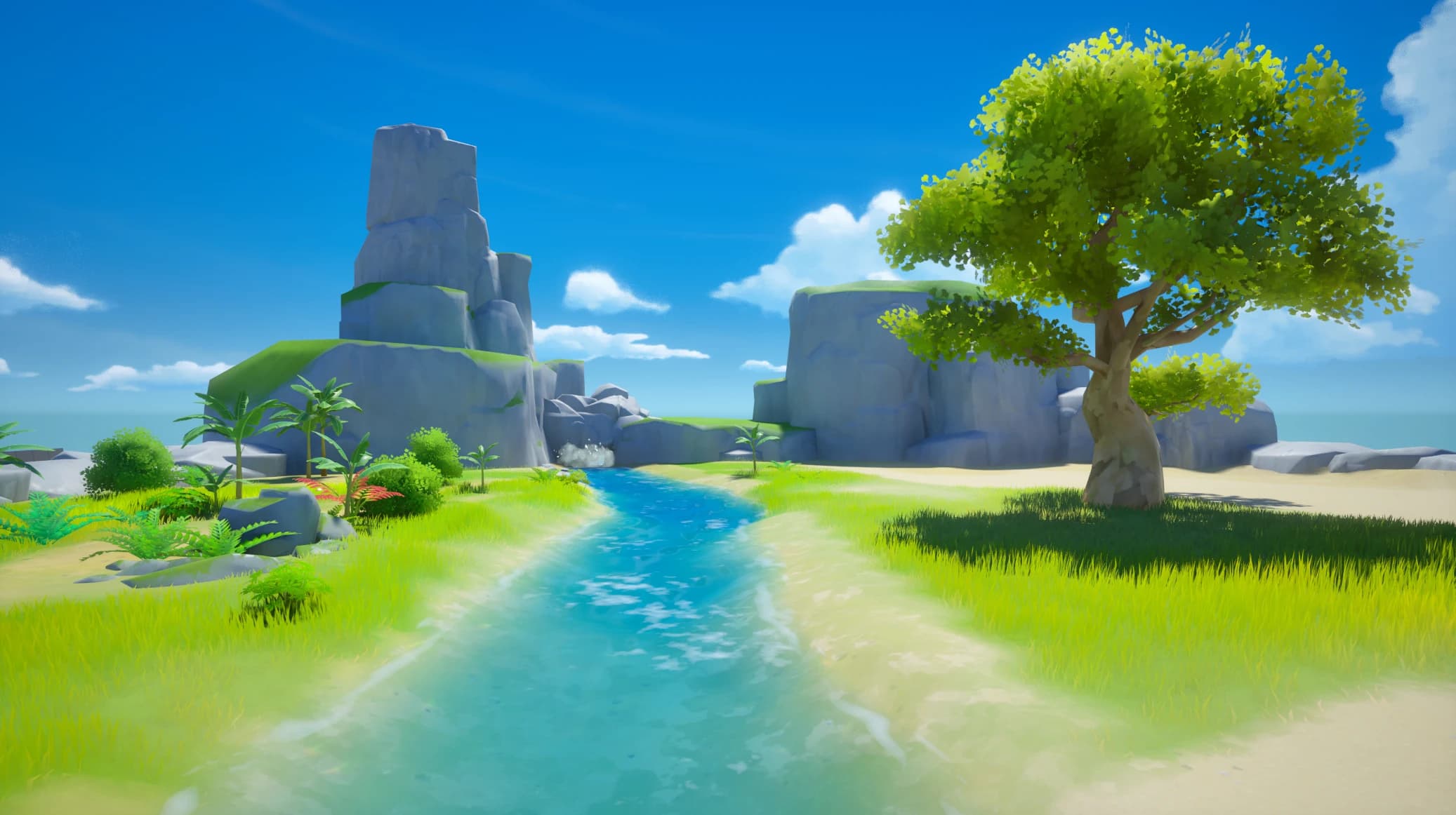 Green meadow with turquoise river